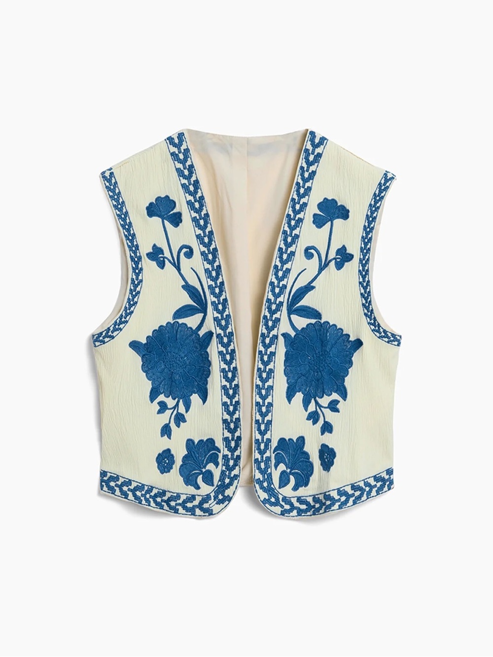 Commense Cream Vest with Blue Floral Embroidery